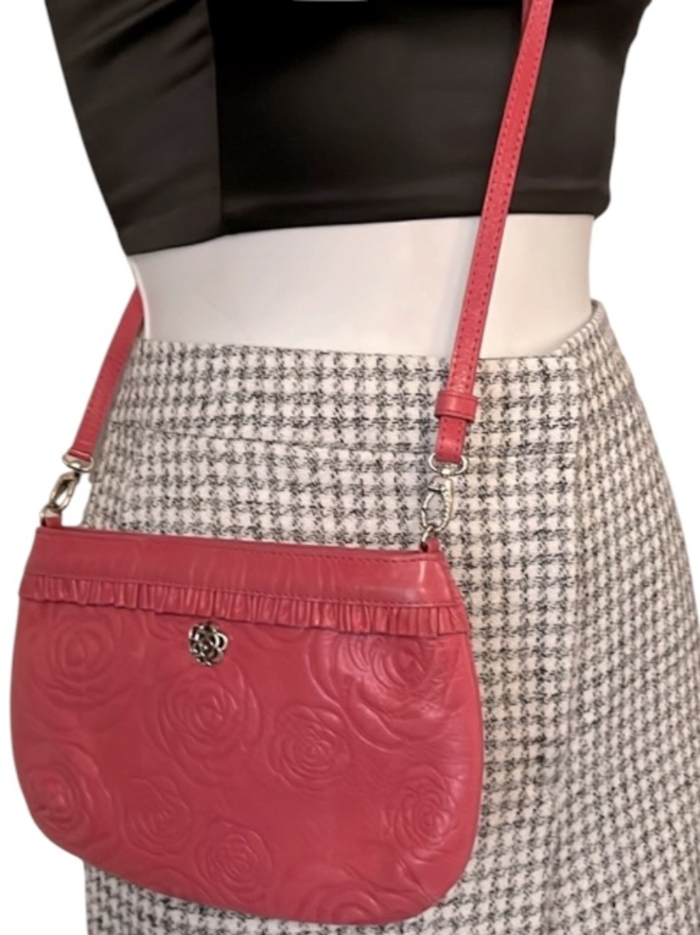 Brighton Pink Leather Embossed Floral Ruffle Crossbody Wristlet Clutch Bag Purse